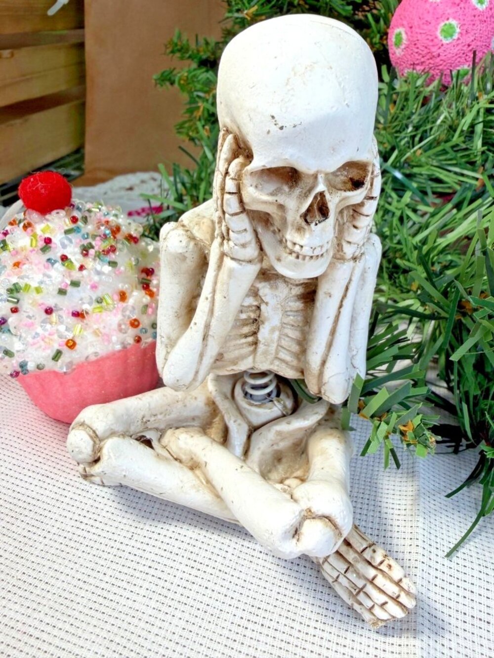 Old Bones Thinking Skeleton Figurine - Distressed White Resin - Unique Gothic